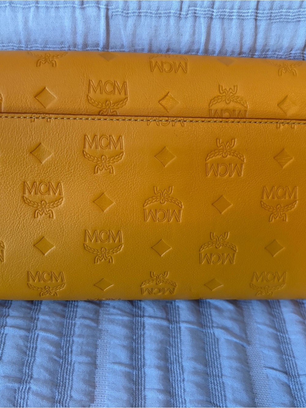 MCM Embossed Leather Envelope Clutch in Mustard - Picture 8 of 14